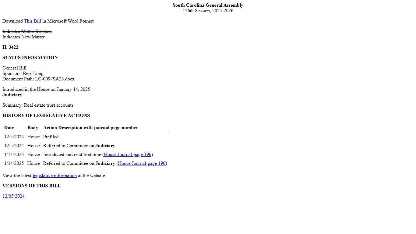 2025-2026 Bill 3422: Real estate trust accounts - South Carolina Legislature Online